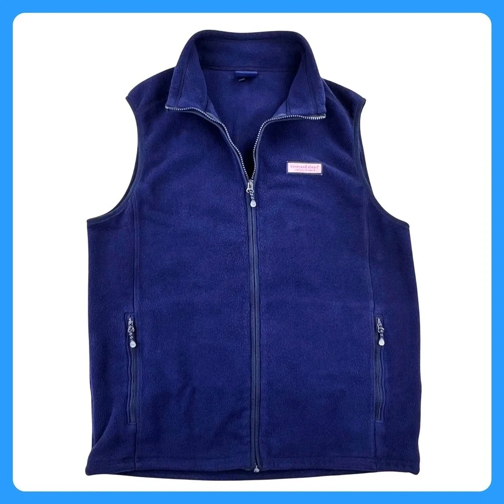 Vineyard Vines Fleece Vest Men's Medium Blue Full Zip Pockets Whale Hiking‎